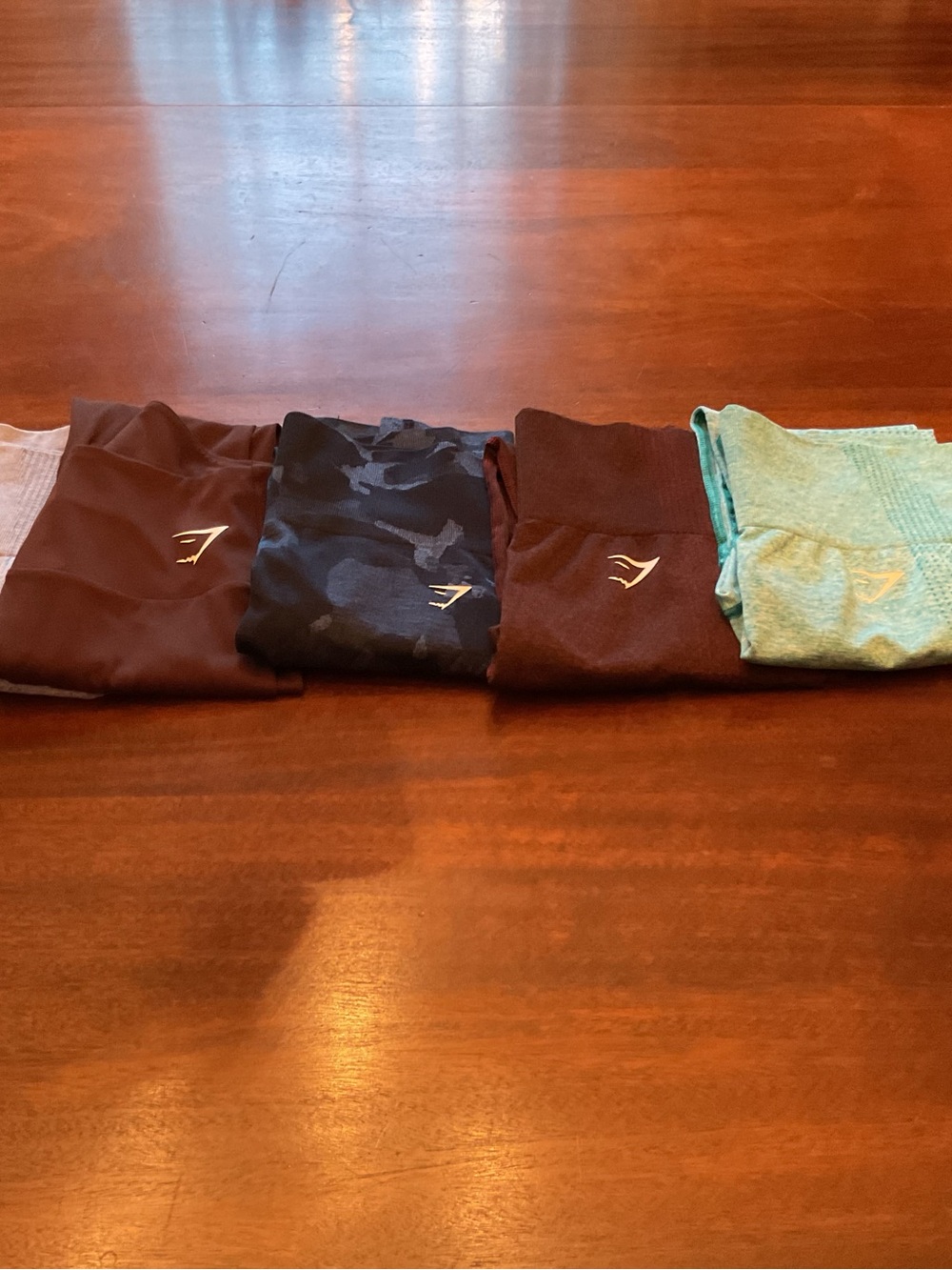 Bundle of Five women’s gymshark leggings light blue two brown,Navy Camo, Teal